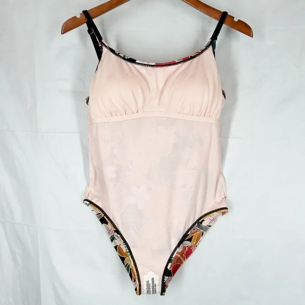 💐 NEW Hurley L One Piece Swimsuit Tropical Floral Coral Teal Gold Black NWT - Picture 9 of 13